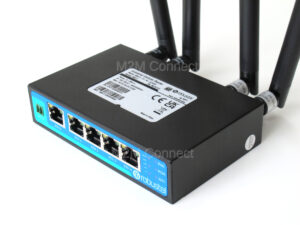 Side view of the Robustel 4G LTE Wireless Router showing all 5 Ethernet ports and antennas included in the shipping package